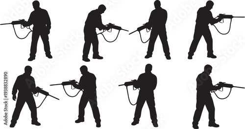 Black Solid Mechanic Grease Gun Silhouettes Set of Six on White Background
