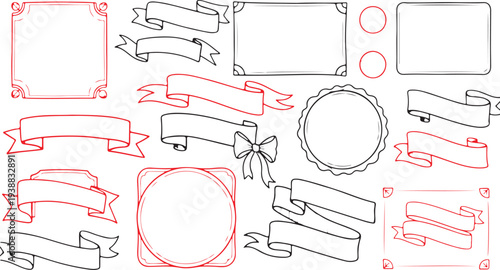 A dual-colored collection of hand-drawn frames and banners, featuring a mix of bold red and classic black outlines for emphasized design elements.