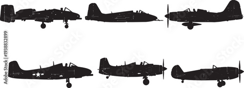 Black Solid Ground Attack Aircraft Silhouettes Set of Six on White Background