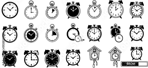 Black and White Line Art Clocks Vector Collection. Set of Hand-drawn Outline Icons: Alarm Clocks, Stopwatches, and Wall Clocks for Time Management Concepts.