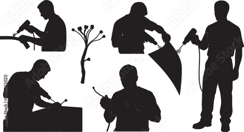 Black Solid Mechanic Heat Gun Silhouettes Set of Six on White Background