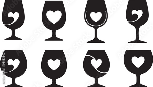 Black Solid Heart Shape Wine Glasses Silhouettes Set of Six on White Background
