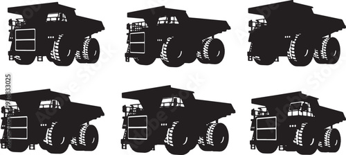 Black Solid Heavy-Duty Haul Truck Silhouettes Set of Six on White Background
