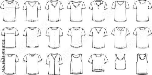 Fashion Apparel Collection: Black and White Line Art Vector Illustration of Various T-Shirts, Tops, and Garments Including Crew Neck, V-Neck, Polo, and Tank Tops