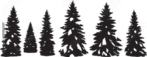 Black Solid Heavy Snow Spruce Tree Silhouettes Set of Six on White Background