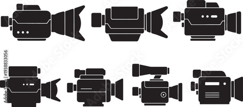 Black Solid High-Speed Camera Silhouettes Set of Six on White Background