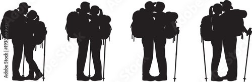 Black Solid Hiking Adventure Couple Hugs Set of Six on White Background