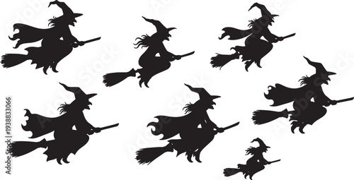 Black Solid High Altitude Witch Silhouettes Set of Six on White Background