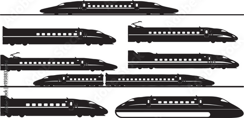 Black Solid Modern High-Speed Train Silhouettes Set of Six on White Background