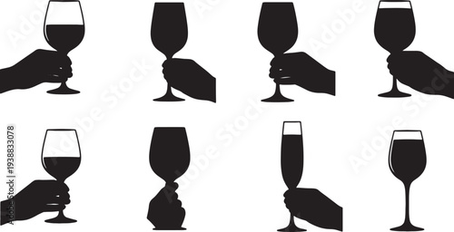 Black Solid Held Wine Glasses Silhouettes Set of Six on White Background