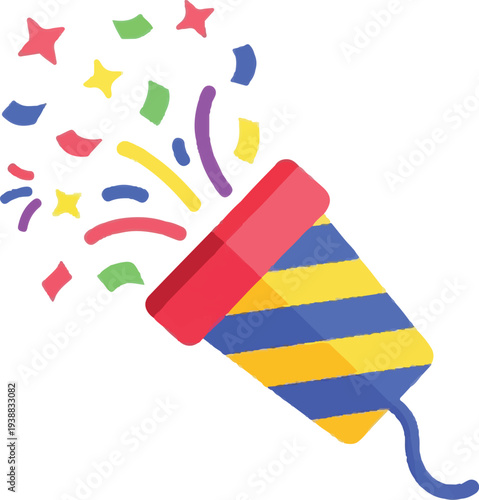 A bright and playful flat-design vector of a confetti popper exploding with colorful streamers and stars. This cheerful illustration is ideal for party invitations, and festive website banners.