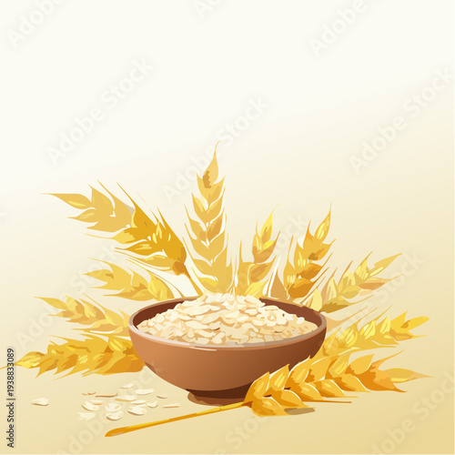 A Rustic Wooden Bowl Filled With Golden Rolled Oats Surrounded by Wheat Stalks in Soft Warm Sunlight Against a Fading Yellow Background