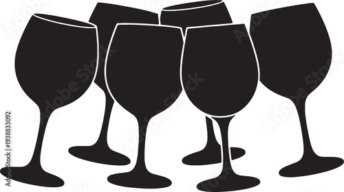 Black Solid Holiday Wine Glasses Silhouettes Set of Six on White Background