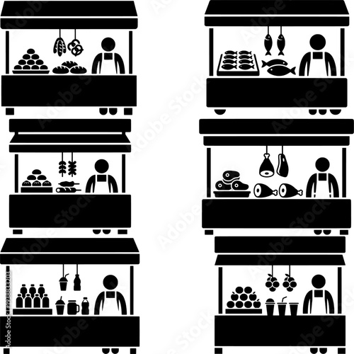 Flat Vector Silhouette Icons Set of Market Stalls and Street Food Vendors