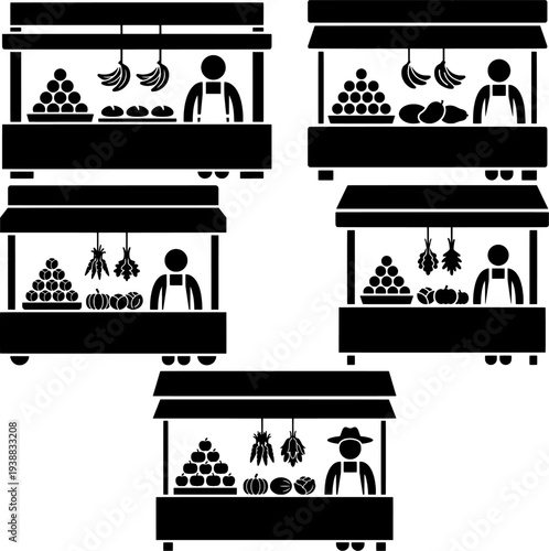 Flat Vector Illustration of Traditional Marketplace Stall Icons Set