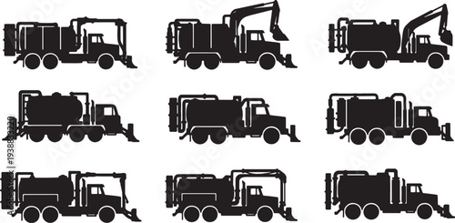 Black Solid Hydro Excavation Truck Silhouettes Set of Six on White Background