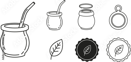 Yerba Mate Drink Cup with Bombilla Straw Leaves and Badge Icons Line Art Vector Illustration Set
