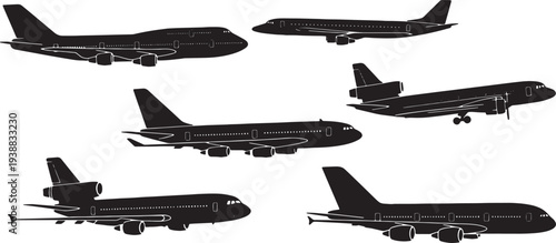 Black Solid Iconic Jetliners Silhouettes Set of Six on White Background