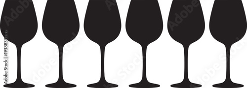 Black Solid Identical Wine Glasses Silhouettes Set of Six on White Background