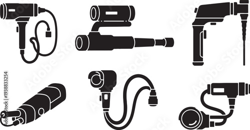 Black Solid Industrial Borescope Camera Silhouettes Set of Six on White Background
