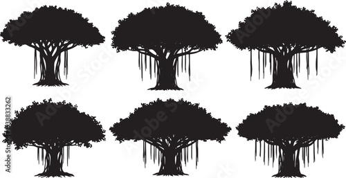 Black Solid Indian Banyan Tree Silhouettes Set of Six on White Background