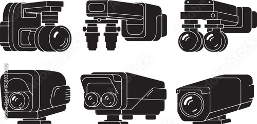 Black Solid Industrial Machine Vision Camera Silhouettes Set of Six on White Background