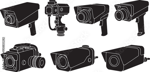 Black Solid Industrial Inspection Camera Silhouettes Set of Six on White Background