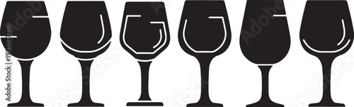 Black Solid Industrial Wine Glasses Silhouettes Set of Six on White Background