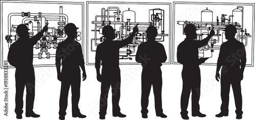 Black Solid Industrial Schematic Silhouettes Set of Six on White Background