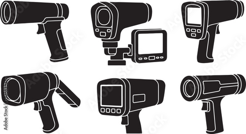 Black Solid Industrial Thermal Camera Silhouettes Set of Six on White Background