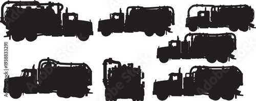 Black Solid Industrial Vacuum Truck Silhouettes Set of Six on White Background