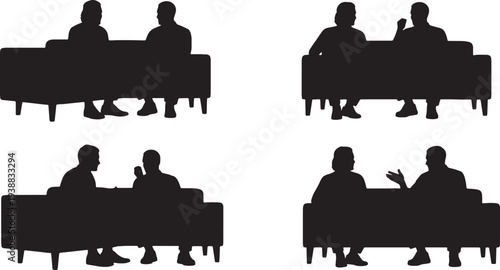 Black Solid Informal Couch Coaching Silhouettes Set of Six on White Background
