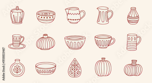 Collection of Hand-Drawn Ceramic Pottery and Kitchenware Items.