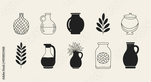 Collection of Minimalist Ceramic Vases and Botanical Elements.