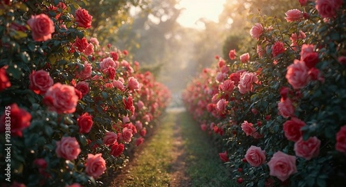 Ultra-realistic rose garden with vibrant red and pink roses growing naturally along both sides of a narrow garden path