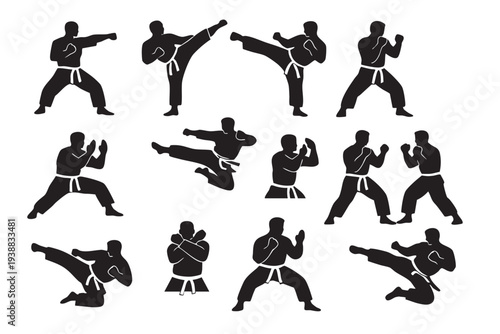 Karate Martial Arts Silhouette Set with Dynamic Fighting Poses