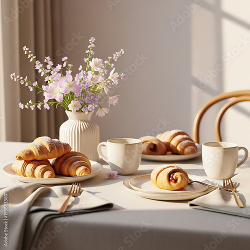 Spring breakfast croissants coffee flowers morning light lifestyle flat lay