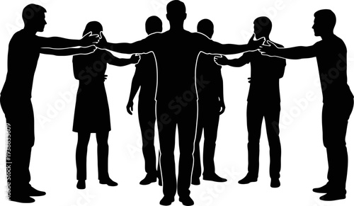 Community group figures reaching out in a circle of support