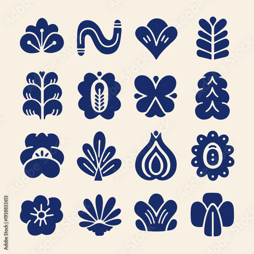 Collection of stylized blue floral and abstract shapes on a light background.