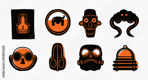 Collection of stylized graphic icons with a dark and mysterious theme.