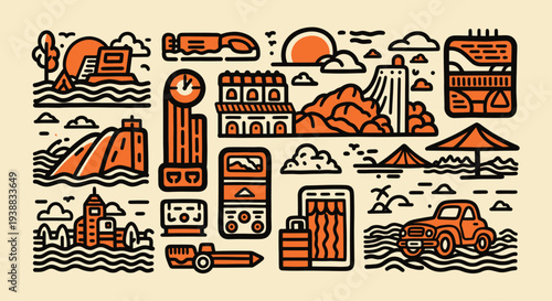 Collection of Travel and Leisure Icons and Illustrations.