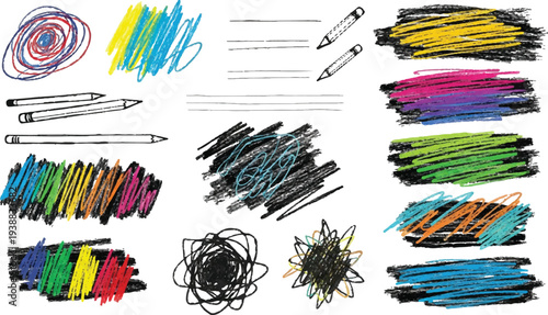 A curated collection of authentic, high-textured crayon and pencil scribbles. Featuring imperfect hand-drawn shapes, wavy lines, and artistic scrawls.