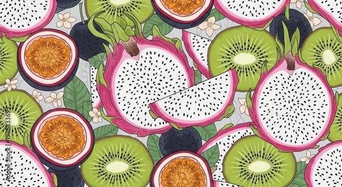 Vibrant tropical fruit pattern with dragon fruit, kiwi.