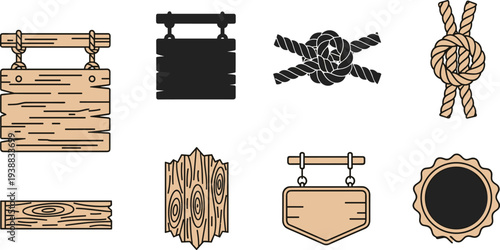 Detailed Set of Rustic Wooden Signboard Illustrations and Nautical Rope Knots in Various Shapes and Textures for Western and Maritime Design.