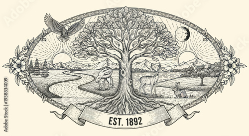 Intricate Tree of Life illustration with roots and branches.