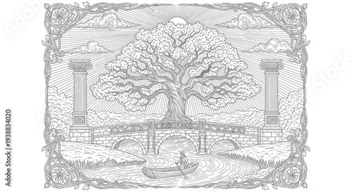 Majestic ancient tree of life spanning a bridge over a river with a small boat.
