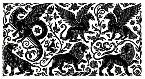 Mythical Creatures and Lions in a Decorative Medieval Style Illustration.
