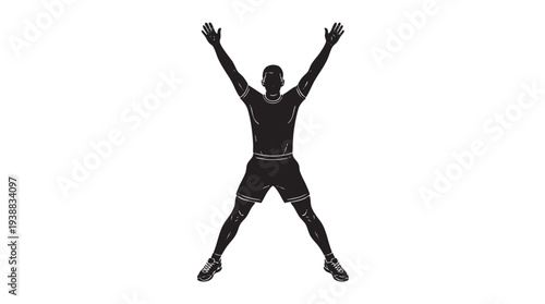 Black silhouette of a person performing a jumping jack exercise with arms and legs spread wide against a plain white background.
