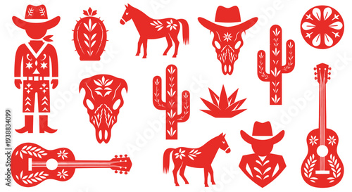 Red Western Cowboy Elements Collection with Horses and Cacti.