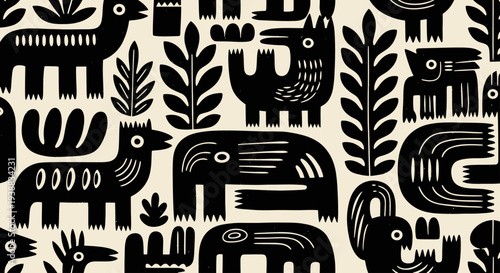 Stylized black and white animal pattern with abstract shapes.